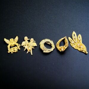 Vintage Lot‎ of 5 Bird Angel Leaf Wreath Gold Tone Brooch Lapel Pins